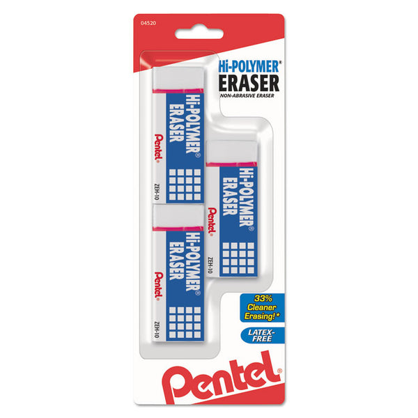 Pentel® Hi-Polymer Eraser, For Pencil Marks, Rectangular Block, Medium, White, 3/Pack (PENZEH10BP3K6)