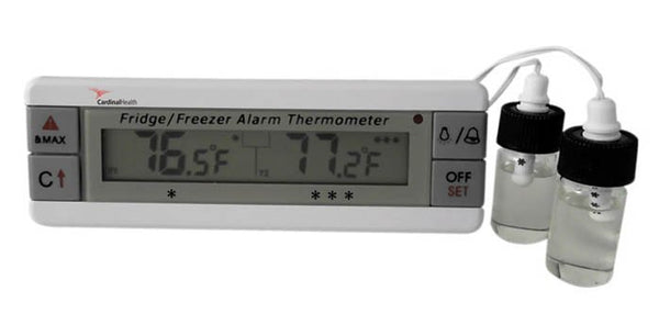 Cardinal Health™ Digital Refrigerator / Freezer Thermometer with Alarm Fahrenheit / Celsius -40° to +158°F (-40° to +70°C) 2 Bottle Probes Flip-out Stand / Wall Mount Battery Operated (1167533_EA) 1/EA
