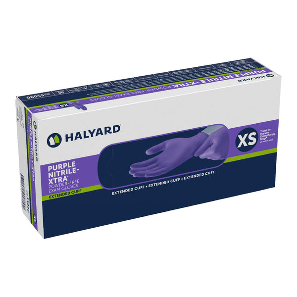 Purple Nitrile-Xtra™ Exam Glove X-Small NonSterile Nitrile Extended Cuff Length Textured Fingertips Purple Chemo Tested (365064_BX) 50/BX