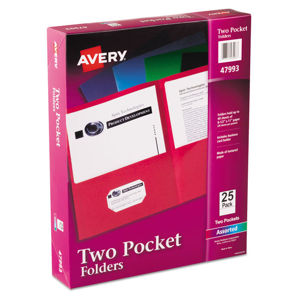 Avery® Two-Pocket Folder, 40-Sheet Capacity, 11 x 8.5, Assorted Colors, 25/Box (AVE47993)