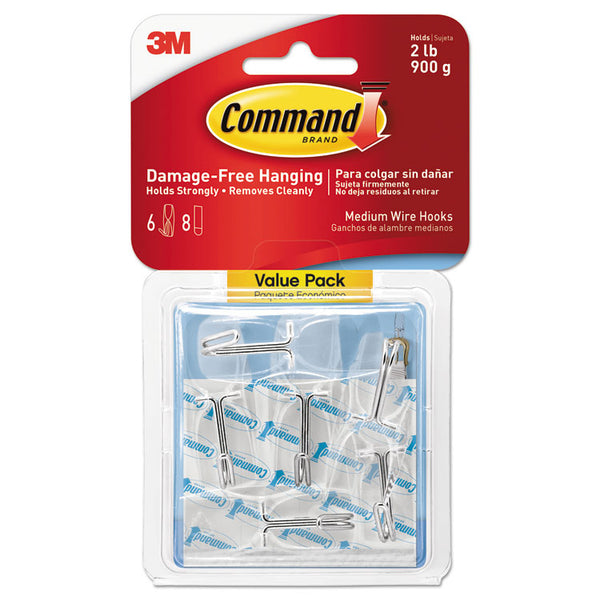 Command™ Clear Hooks and Strips, Medium, Plastic, 2 lb Capacity, 6 Hooks and 8 Strips/Pack (MMM17065CLRVPES)