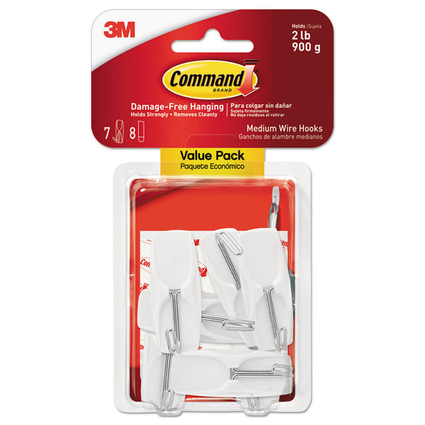 Command™ General Purpose Wire Hooks, Medium, Metal, White, 2 lb Capacity, 7 Hooks and 8 Strips/Pack (MMM17065VPES)