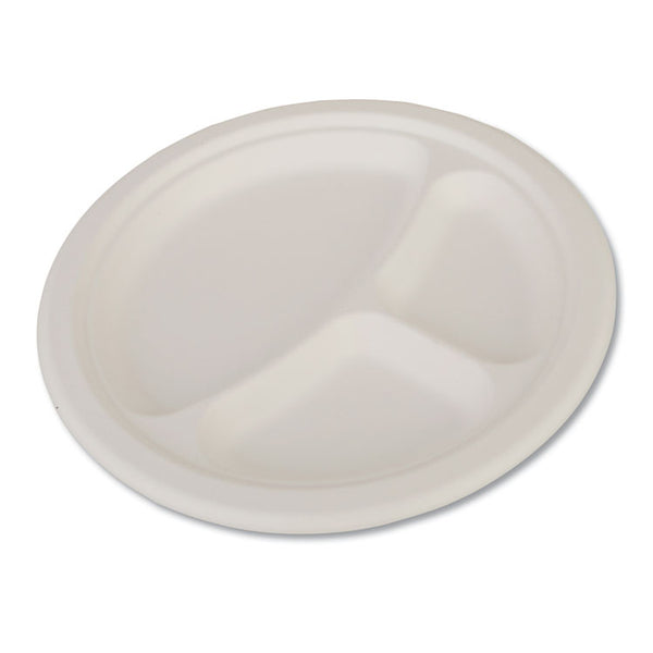 SCT® ChampWare Heavyweight Bagasse Dinnerware, Plate, 3-Compartment, 10" dia, White, 500/Carton (SCH18163)