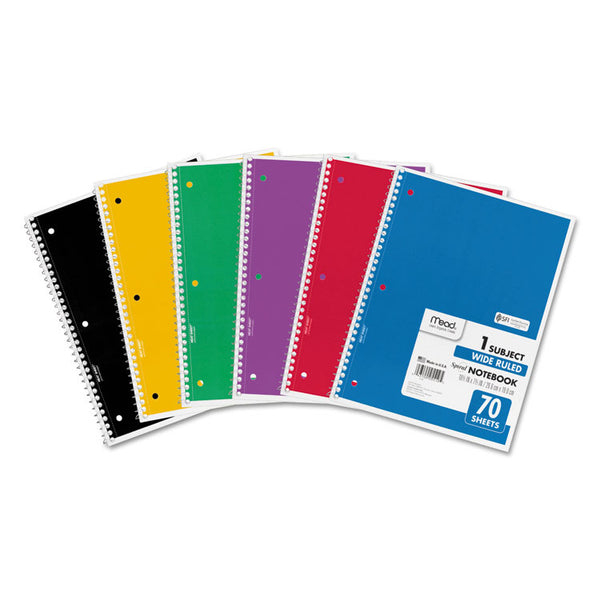 Mead® Spiral Notebook, 1-Subject, Wide/Legal Rule, Assorted Cover Colors, (70) 10.5 x 8 Sheets, 6/Pack (MEA73063)