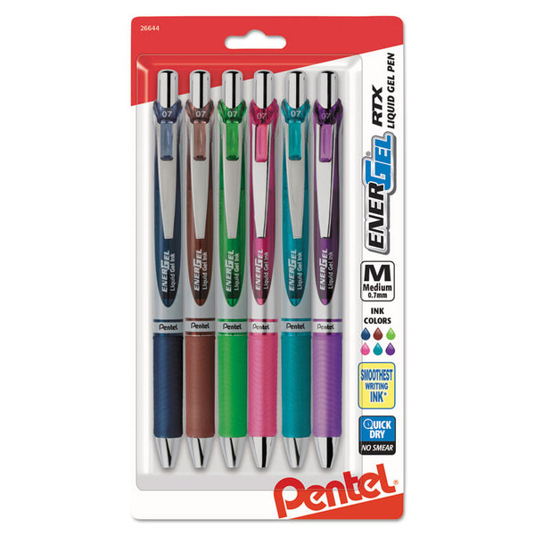 Pentel® EnerGel RTX Gel Pen, Retractable, Medium 0.7 mm, Assorted Ink and Barrel Colors, 6/Pack (PENBL77BP6M1)