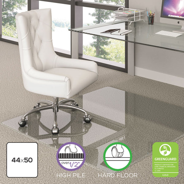 deflecto® Premium Glass All Day Use Chair Mat - All Floor Types, 44 x 50, Rectangular, Clear (DEFCMG70434450)