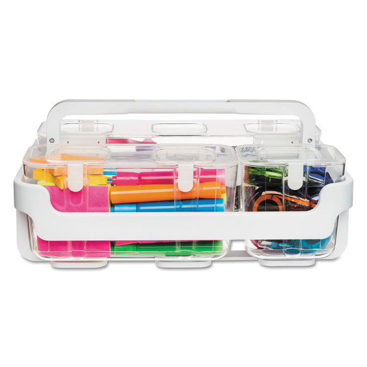 deflecto® Stackable Caddy Organizer with S, M and L Containers, Plastic, 10.5 x 14 x 6.5, White Caddy/Clear Containers (DEF29003)