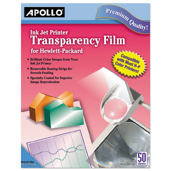 Apollo® Quick-Dry Color Inkjet Transparency Film with Handling Strip, 8.5 x 11, 50/Box (APOCG7031S) Pack of 50