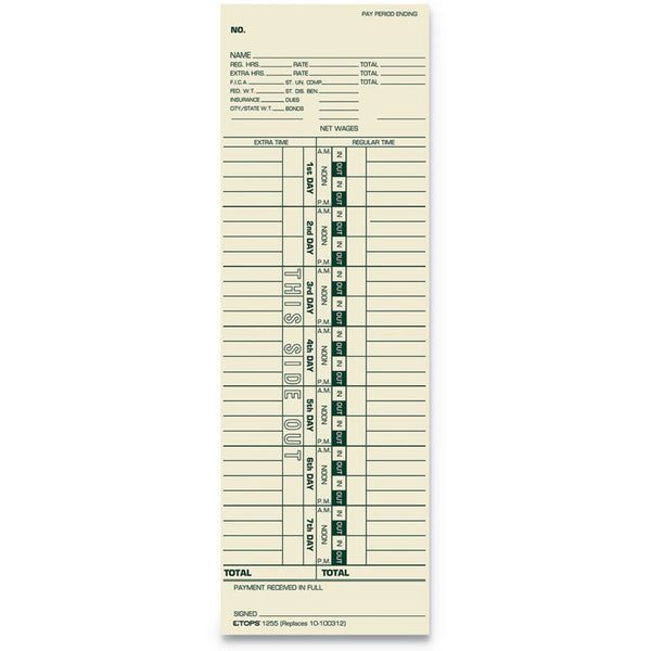 TOPS™ Time Clock Cards, Replacement for 10-100312/1950-9301/K14-36981D, One Side, 3.5 x 10.5, 500/Box (TOP1255) Pack of 500