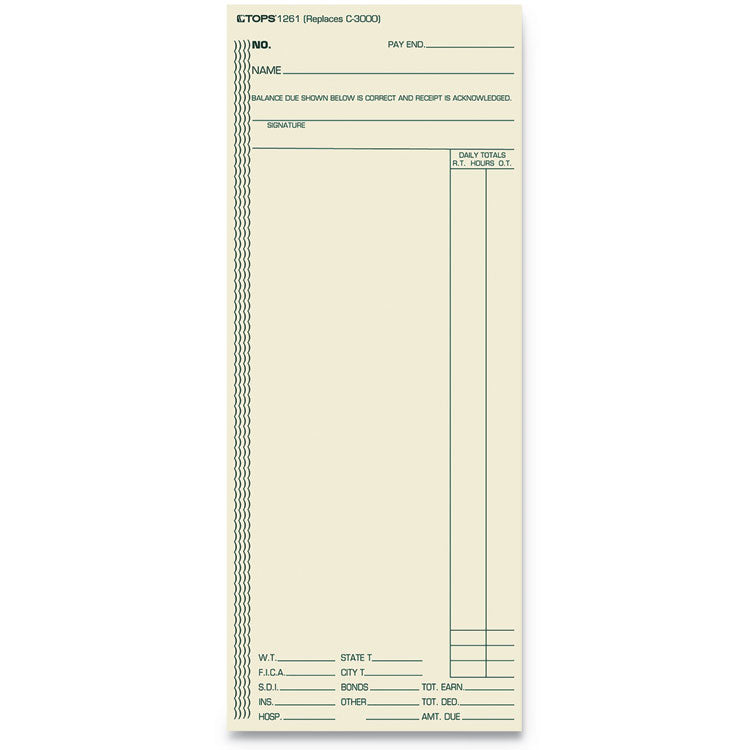 TOPS™ Time Clock Cards, Replacement for ATR206/C3000/M-154, One Side, 3.38 x 8.25, 500/Box (TOP1261) Pack of 500