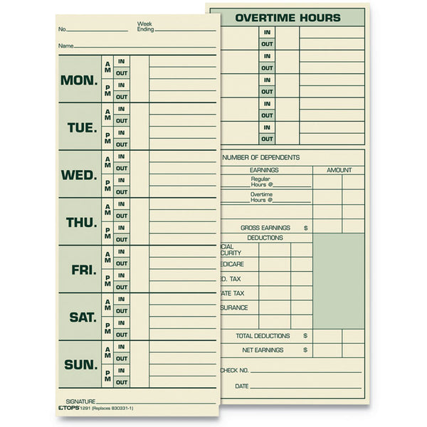 TOPS™ Time Clock Cards, Replacement for 331-10, Two Sides, 3.5 x 8.5, 500/Box (TOP1291) Pack of 500