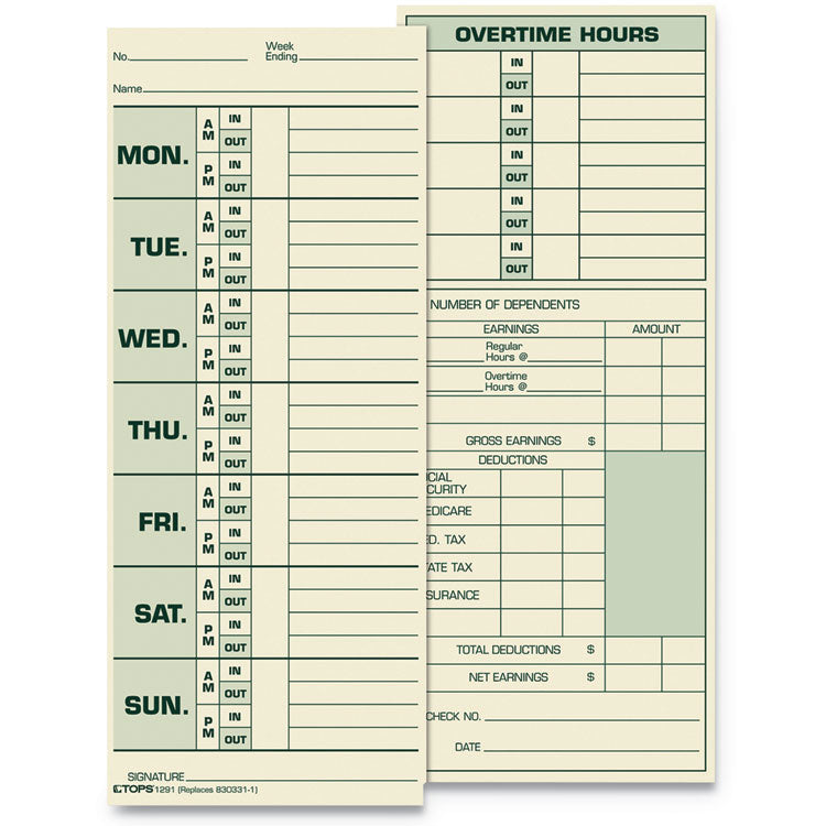 TOPS™ Time Clock Cards, Replacement for 331-10, Two Sides, 3.5 x 8.5, 500/Box (TOP1291) Pack of 500