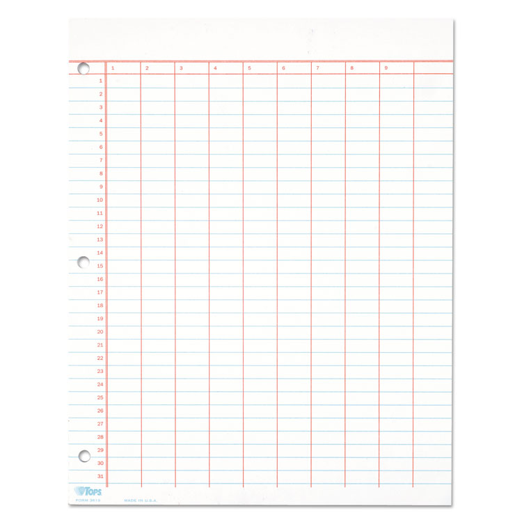 TOPS™ Data Pad with Numbered Column Headings, Data/Lab-Record Format, Wide/Legal Rule, 10 Columns, 8.5 x 11, White, 50 Sheets (TOP3619) Each