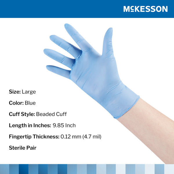 McKesson Confiderm® STR Exam Glove Large Sterile Pair Nitrile Standard Cuff Length Textured Fingertips Blue Not Rated (1065407_PR) 1/PR