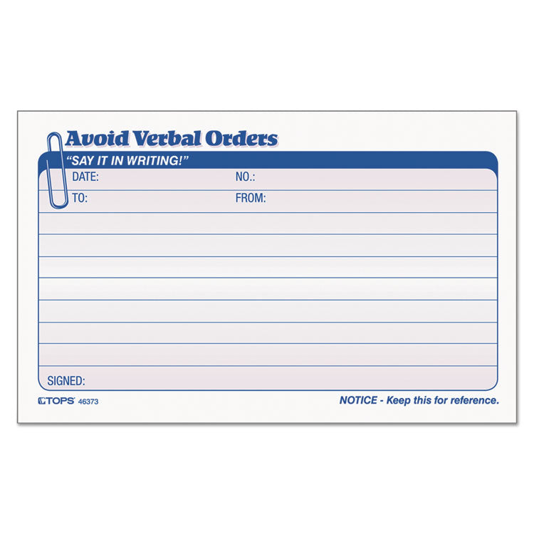 TOPS™ Avoid Verbal Orders Manifold Book, Two-Part Carbonless, 6.25 x 4.25, 50 Forms Total (TOP46373) Each