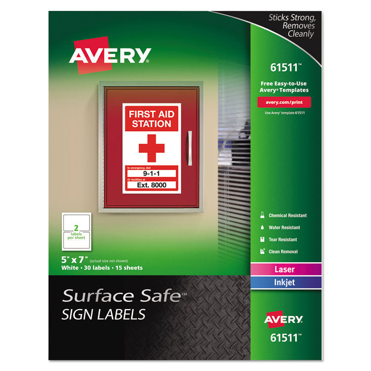 Avery® Surface Safe Removable Label Safety Signs, Inkjet/Laser Printers, 5 x 7, White, 2/Sheet, 15 Sheets/Pack (AVE61511) Pack of 30