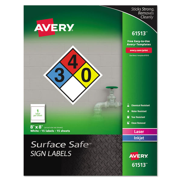 Avery® Surface Safe Removable Label Safety Signs, Inkjet/Laser Printers, 8 x 8, White, 15/Pack (AVE61513)