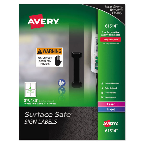 Avery® Surface Safe Removable Label Safety Signs, Inkjet/Laser Printers, 3.5 x 5, White, 4/Sheet, 15 Sheets/Pack (AVE61514)