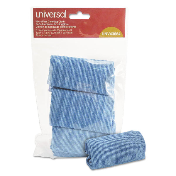 Universal® Microfiber Cleaning Cloth, 12 x 12, Blue, 3/Pack (UNV43664)