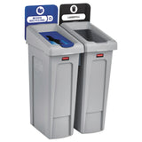 Rubbermaid® Commercial Slim Jim Recycling Station Kit, 2-Stream Landfill/Mixed Recycling, 46 gal, Plastic, Blue/Gray (RCP2007914)