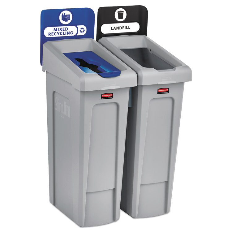 Rubbermaid® Commercial Slim Jim Recycling Station Kit, 2-Stream Landfill/Mixed Recycling, 46 gal, Plastic, Blue/Gray (RCP2007914)