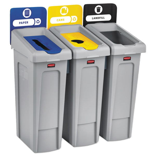 Rubbermaid® Commercial Slim Jim Recycling Station Kit, 3-Stream Landfill/Paper/Bottles/Cans, 69 gal, Plastic, Blue/Gray/Yellow (RCP2007917)