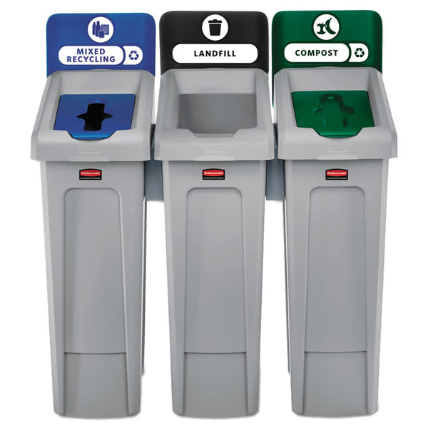 Rubbermaid® Commercial Slim Jim Recycling Station Kit, 3-Stream Landfill/Mixed Recycling, 69 gal, Plastic, Blue/Gray/Green (RCP2007918)