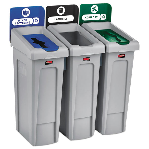 Rubbermaid® Commercial Slim Jim Recycling Station Kit, 3-Stream Landfill/Mixed Recycling, 69 gal, Plastic, Blue/Gray/Green (RCP2007918)
