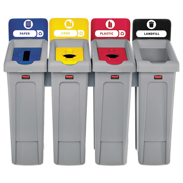 Rubbermaid® Commercial Slim Jim Recycling Station Kit, 4-Stream Landfill/Paper/Plastic/Cans, 92 gal, Plastic, Blue/Gray/Red/Yellow (RCP2007919)