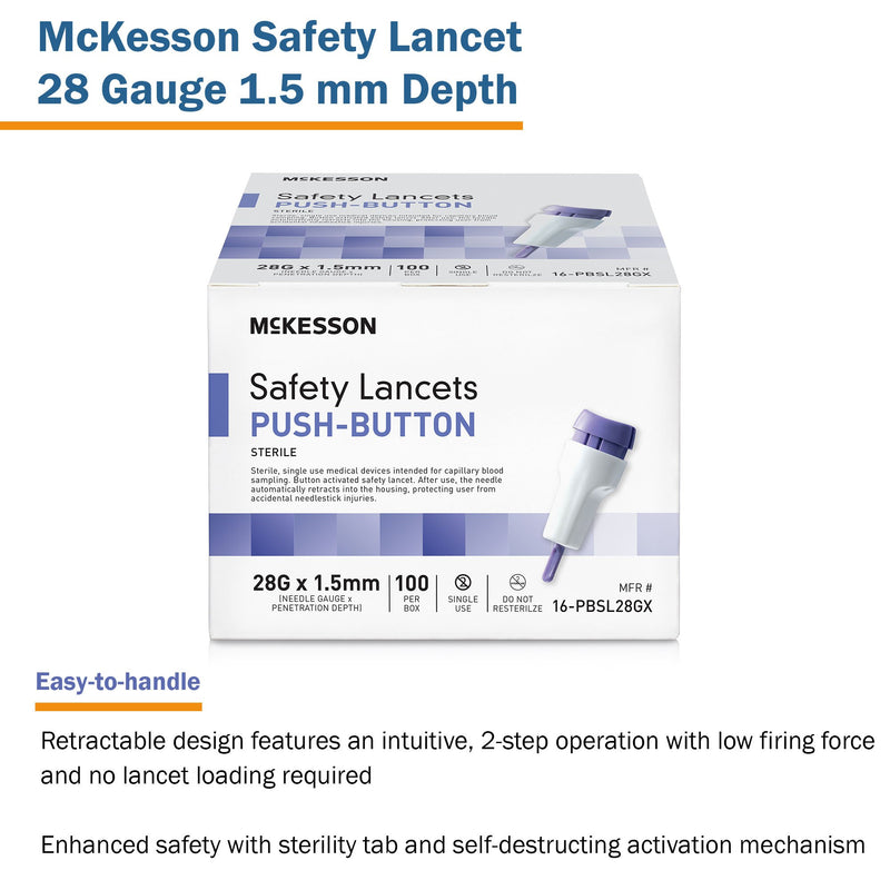 McKesson Safety Lancet 28 Gauge Retractable Push Button Activation Finger (1217991_CS) 2000/CS