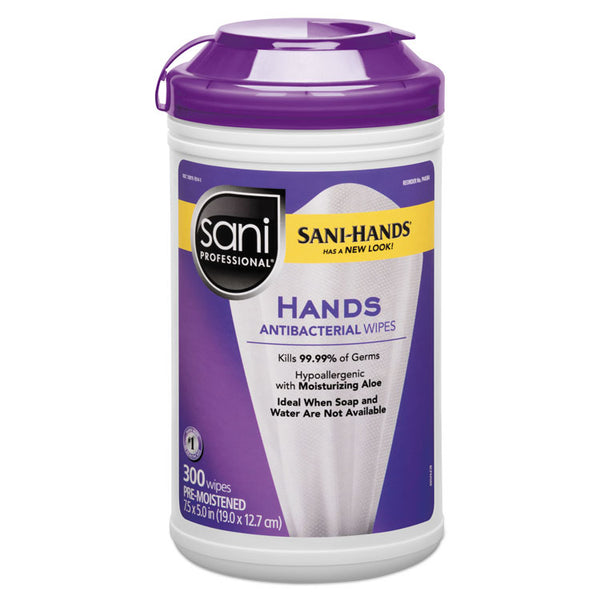 Sani Professional® Antibacterial Wipes, 1-Ply, 5 x 7.5, Unscented, White, 300 Wipes/Canister, 6 Canisters/Carton (NICP44584CT) Case of 6