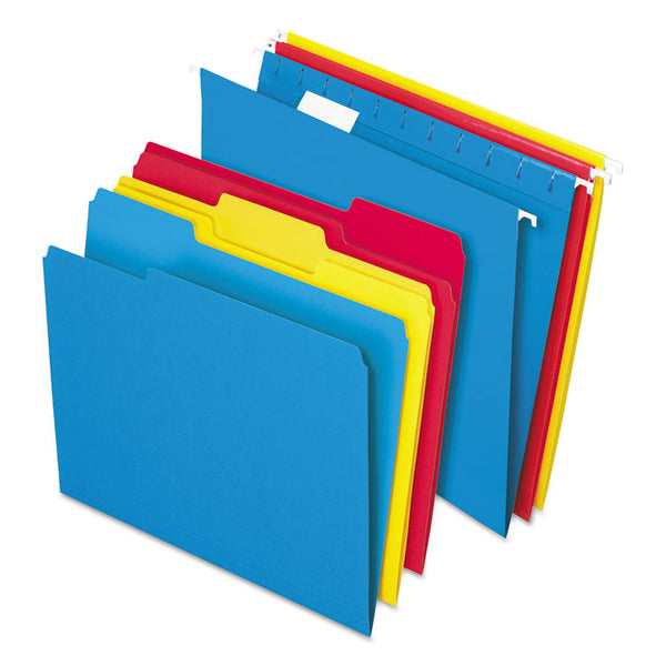 Pendaflex® Combo Filing Kit, Letter Size, (12) 1/5-Cut Exterior Hanging File Folders, (12) 1/3-Cut File Folders, Assorted Colors (PFX16157)