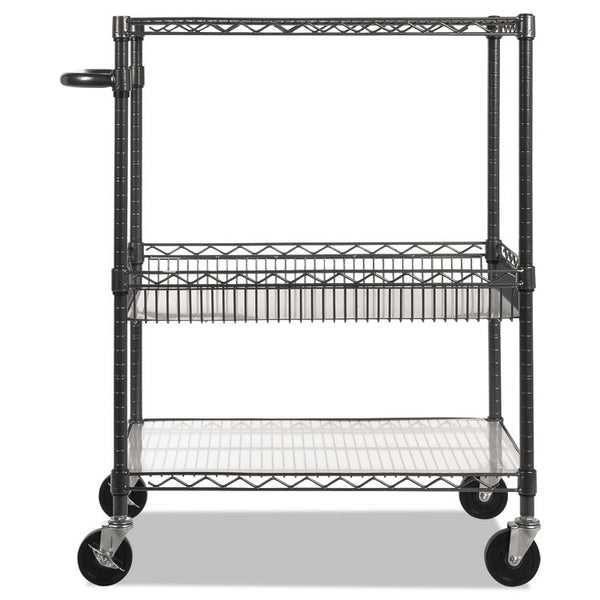 Alera® Three-Tier Wire Cart with Basket, Metal, 2 Shelves, 1 Bin, 500 lb Capacity, 34" x 18" x 40", Black Anthracite (ALESW543018BA)