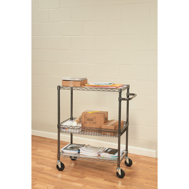Alera® Three-Tier Wire Cart with Basket, Metal, 2 Shelves, 1 Bin, 500 lb Capacity, 34" x 18" x 40", Black Anthracite (ALESW543018BA) Each