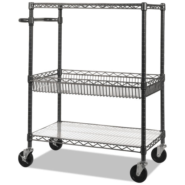 Alera® Three-Tier Wire Cart with Basket, Metal, 2 Shelves, 1 Bin, 500 lb Capacity, 34" x 18" x 40", Black Anthracite (ALESW543018BA)