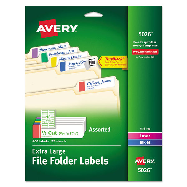 Avery® Extra-Large TrueBlock File Folder Labels with Sure Feed Technology, 0.94 x 3.44, White, 18/Sheet, 25 Sheets/Pack (AVE5026)