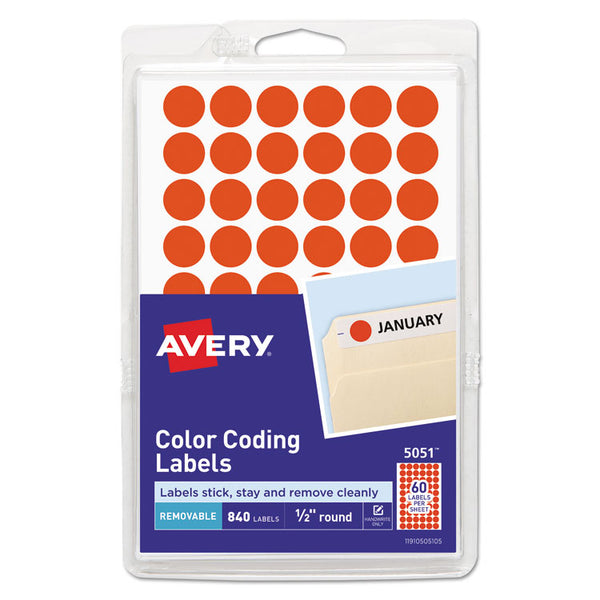 Avery® Handwrite Only Self-Adhesive Removable Round Color-Coding Labels, 0.5" dia, Neon Red, 60/Sheet, 14 Sheets/Pack, (5051) (AVE05051)