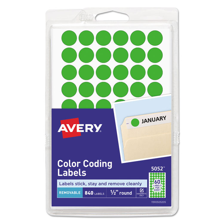 Avery® Handwrite Only Self-Adhesive Removable Round Color-Coding Labels, 0.5" dia, Neon Green, 60/Sheet, 14 Sheets/Pack, (5052) (AVE05052)