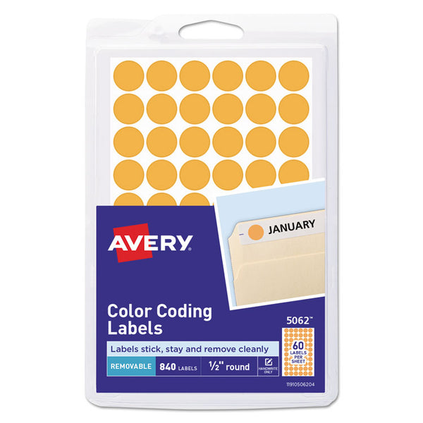 Avery® Handwrite Only Self-Adhesive Removable Round Color-Coding Labels, 0.5" dia, Neon Orange, 60/Sheet, 14 Sheets/Pack, (5062) (AVE05062)