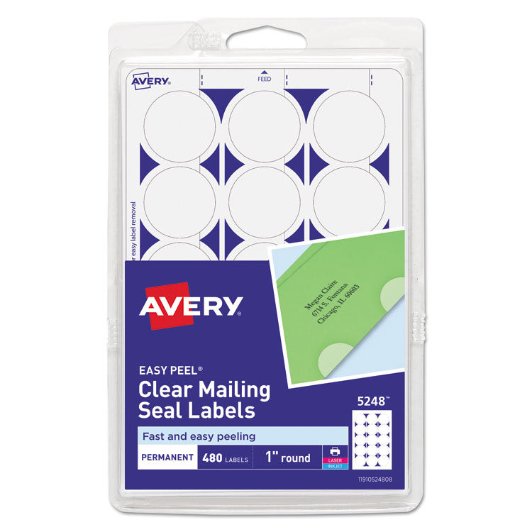 Avery® Printable Mailing Seals, 1" dia, Clear, 15/Sheet, 32 Sheets/Pack, (5248) (AVE05248)