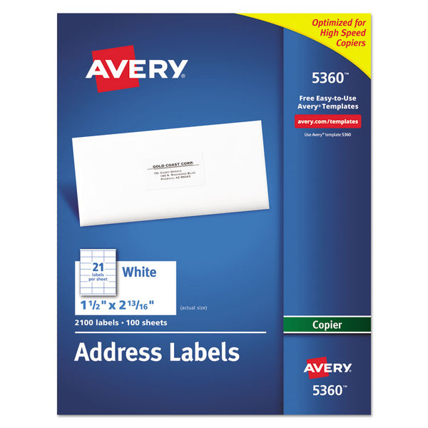 Avery® Copier Mailing Labels, Copiers, 1.5 x 2.81, White, 21/Sheet, 100 Sheets/Box (AVE5360)