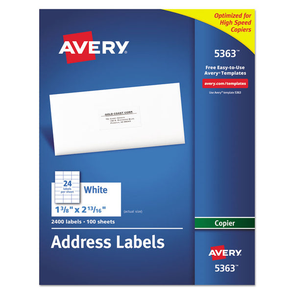 Avery® Copier Mailing Labels, Copiers, 1.38 x 2.81, White, 24/Sheet, 100 Sheets/Box (AVE5363)