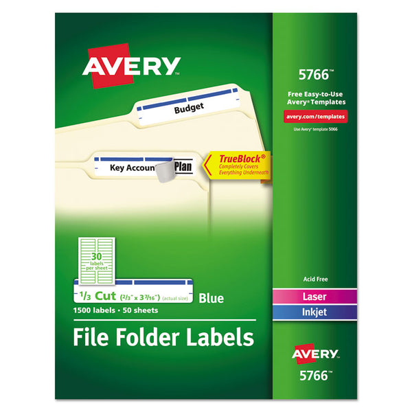 Avery® Permanent TrueBlock File Folder Labels with Sure Feed Technology, 0.66 x 3.44, Blue/White, 30/Sheet, 50 Sheets/Box (AVE5766)