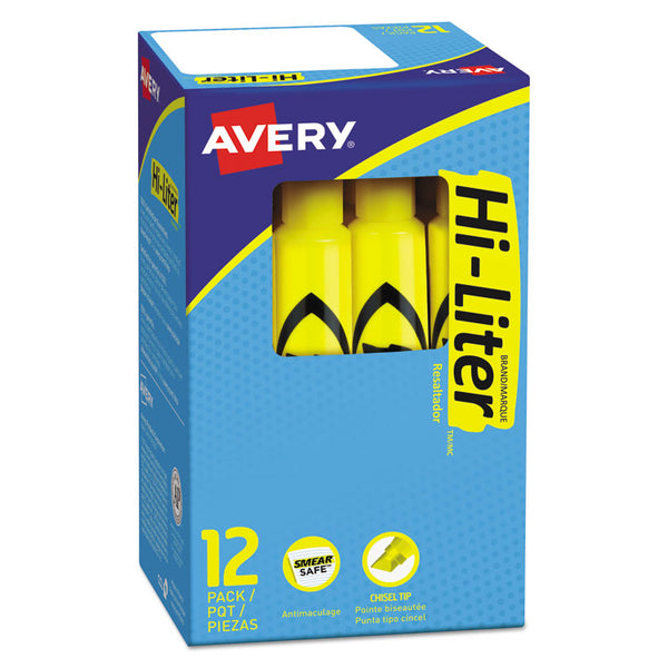 Avery® HI-LITER Desk-Style Highlighters, Yellow Ink, Chisel Tip, Yellow/Black Barrel, Dozen (AVE07742)