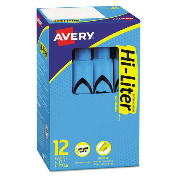 Avery® HI-LITER Desk-Style Highlighters, Light Blue Ink, Chisel Tip, Light Blue/Black Barrel, Dozen (AVE07746)