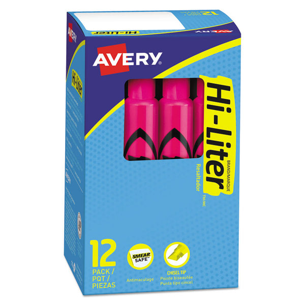 Avery® HI-LITER Desk-Style Highlighters, Fluorescent Pink Ink, Chisel Tip, Pink/Black Barrel, Dozen (AVE24010)