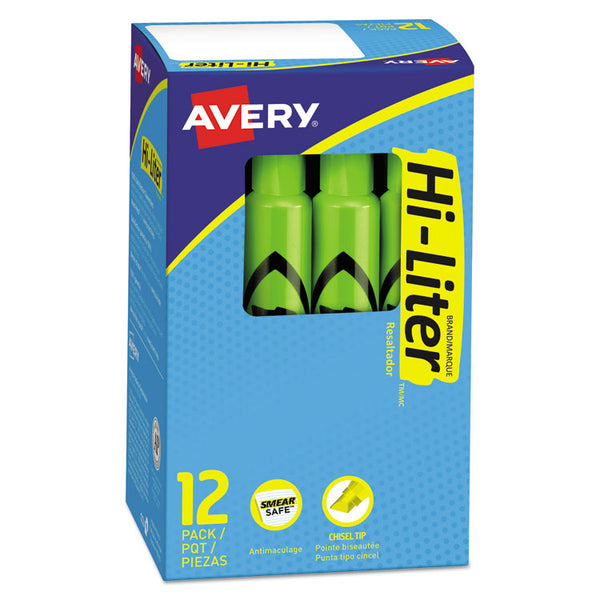 Avery® HI-LITER Desk-Style Highlighters, Fluorescent Green Ink, Chisel Tip, Green/Black Barrel, Dozen (AVE24020)