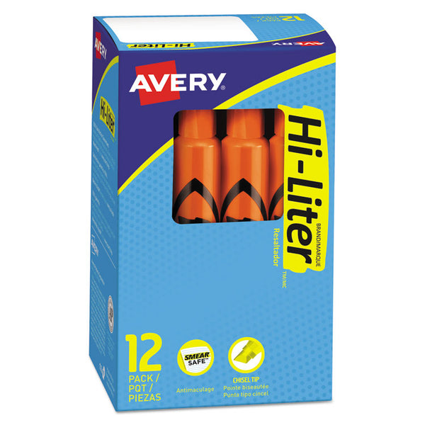 Avery® HI-LITER Desk-Style Highlighters, Fluorescent Orange Ink, Chisel Tip, Orange/Black Barrel, Dozen (AVE24050)