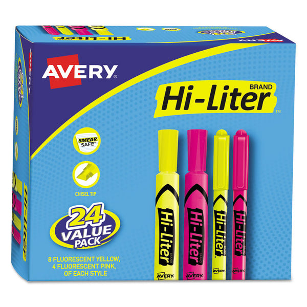 Avery® HI-LITER Highlighter Value Pack, Desk/Pen Style Combo, Assorted Ink Colors, Chisel/Bullet Tips, Assorted Barrel Colors, 24/PK (AVE29862)