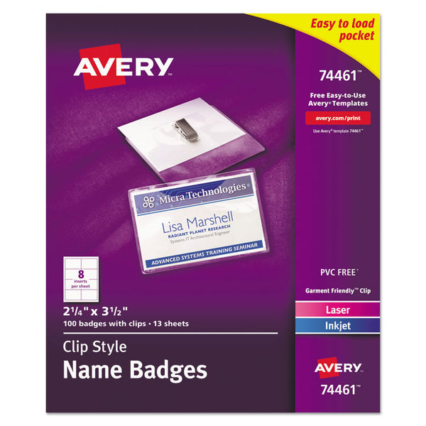 Avery® Clip-Style Badge Holder with Laser/Inkjet Insert, Top Load, 3.5 x 2.25, White, 100/Box (AVE74461)